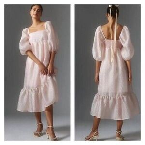 Anthropologie Size Small Light Pink Puff Sleeves Textured Midi Dress Feminine